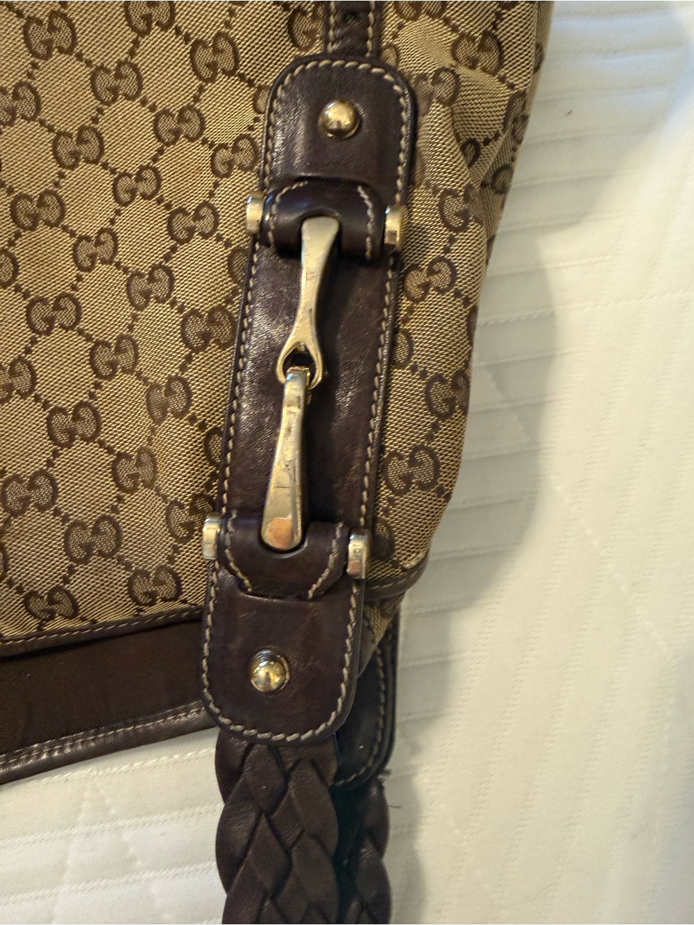 Gucci Beige GG Canvas Braided-Handle Shoulder Bag with Dark Brown Trim - Picture 11 of 14